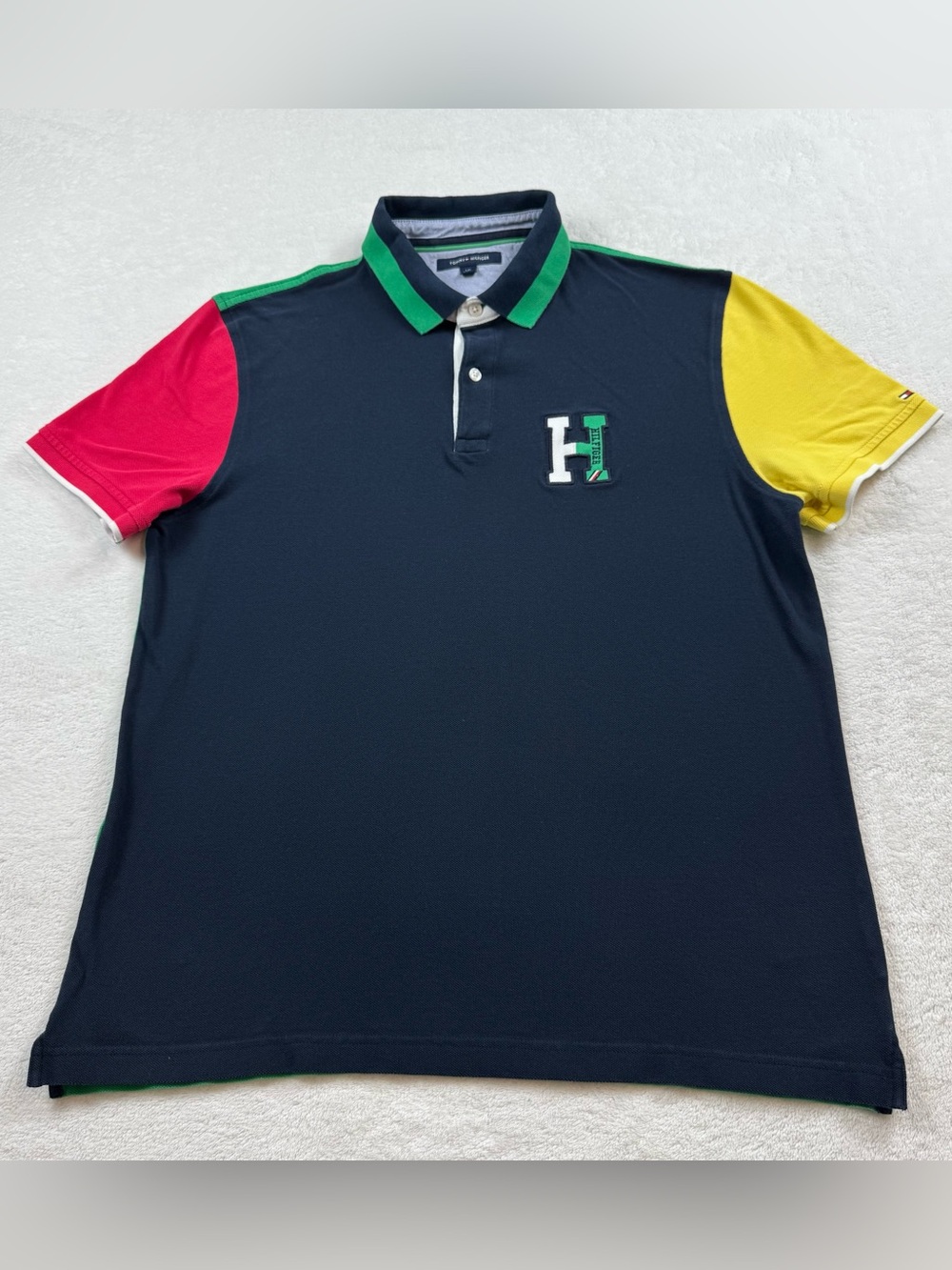 Tommy Hilfiger mesh pique polo shirt men’s L color block multicolor crest logo